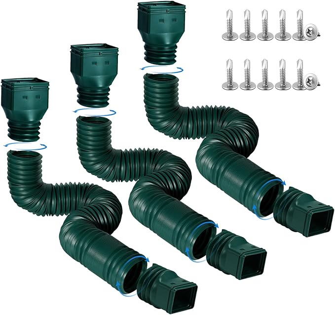 Rain Gutter Downspout Extensions, Flexible Downspout Extender for Rain Water Drainage, Down Spout Drain Extension Extendable from 21 to 68 Inches(3 Pack,Green)