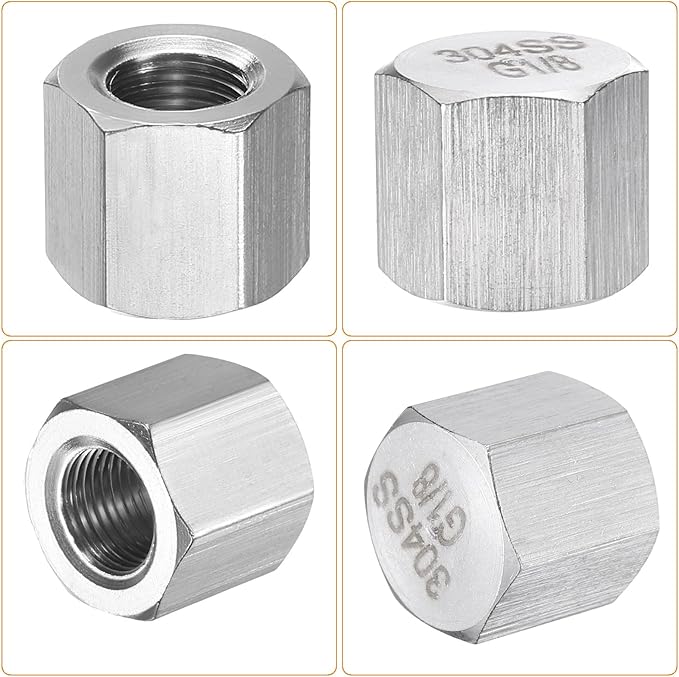uxcell 6pcs Hex End Cap 304 Stainless Steel Nut with Washer, G1/8" Female Thread Pipe Fitting, Gas Line Water Line Stop Valve Cap Tubing Ends for Plumbing Fittings, Silver Tone