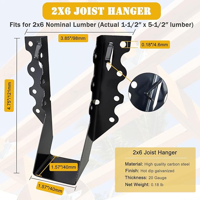 25pcs 2x6 Joist Hanger, 18 Gauge LU26 Black Anti-Corrosion Coating Face Mount Joist Hangers, Wood Hurricane Ties, Rafters Tie(LU26, 25pcs, Black)