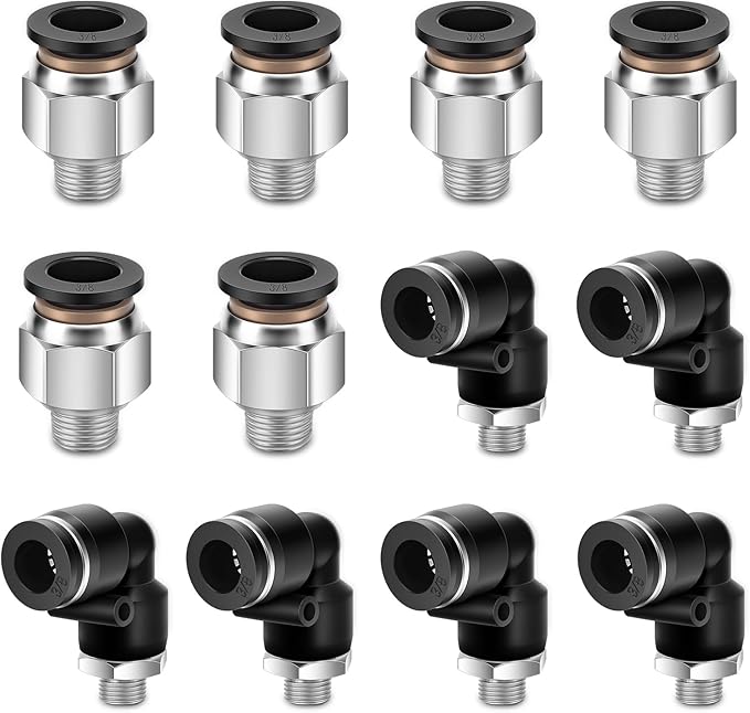 12 Pcs Push to Connect Fittings 3/8 Inch Tube OD x 1/8 Inch NPT Thread Pneumatic Male Straight and Elbow Quick Connect Air line fittings
