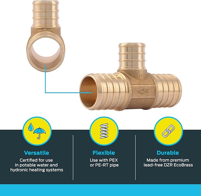 SharkBite 1 Inch x 1 Inch x 3/4 Inch Crimp Reducing Tee, Brass Plumbing Fitting, PEX Pipe, PE-RT, UC416LFA (Pack of 2)