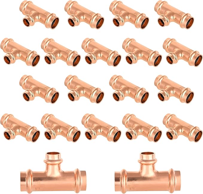 20-Pack GUOFIS Copper Press Tee,3/4" x 3/4"x 1/2" Tee Fittings for Copper Tube Connection with Stop(PRESS018-20Pack)