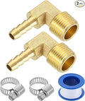 uxcell 2Pcs Brass Hose Barb Fittings, 1/4" x 3/8" NPT 90 Degree Elbow Hose Connectors with Hose Clamps for Water Fuel Gas Oil Transportation