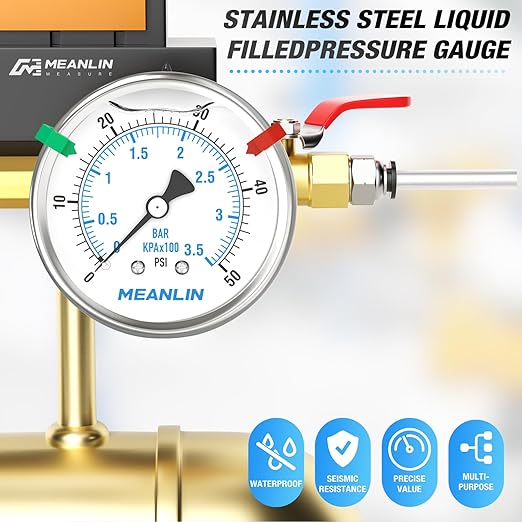 MEANLIN MEASURE 0~50Psi Stainless Steel Liquid Filled Pressure Gauge 2.5" FACE DIAL 1/4" NPT for Pool Sand Filter Water Oil Air Pressure Test Back Mount with Stainless Steel Hex Bushing and Snaps