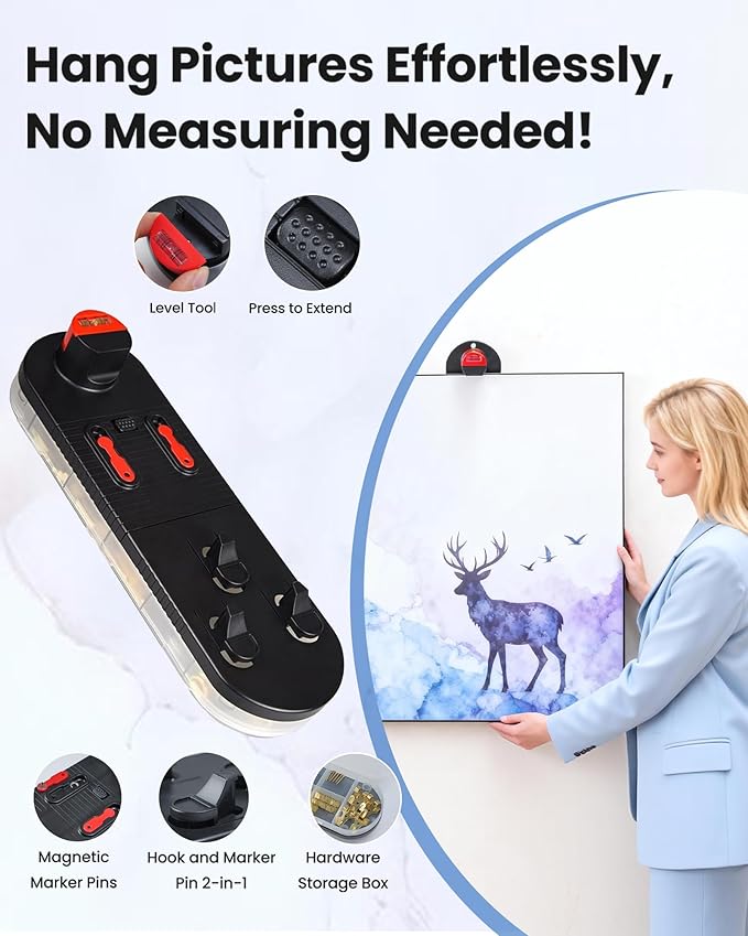 All-in-One Picture Hanging Tool Kit with Level, 104-Piece Photo Frame Hanging Tool, No Measurement Needed for Easy Picture Leveling, Perfect for Sawtooth Hangers, Wire Hangers, and D-Ring Hangers