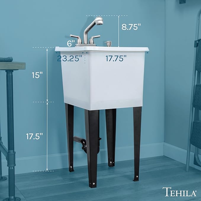 Space Saver Utility Sink by JS Jackson Supplies, Pull-Out Faucet, Soap Dispenser, White Tub with Stainless Steel Faucet
