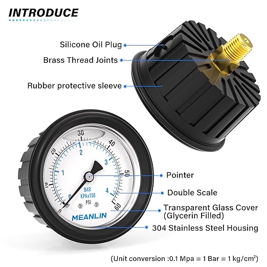 MEANLIN MEASURE 0~60Psi Stainless Steel 1/4" NPT 2.5" FACE DIAL Liquid Filled Pressure Gauge, Center Back Mount (with Rubber Protective Sleeve), with 1/2" NPT and 3/8" NPT Hex Bushing