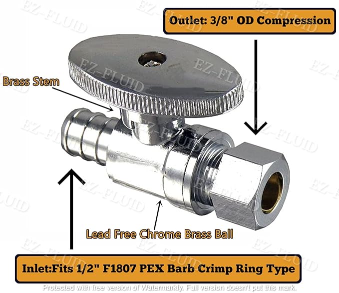 (Pack of 10) EZ-Fluid 3/8" OD Compression X 1/2" Pex Crimp Barb 1/4 Turn Straight Stop Valve,Chrome Plated Brass,Metal Handle. For Water Pipes,For Faucet,Toilet,Sink Valve,cUPC,NSF