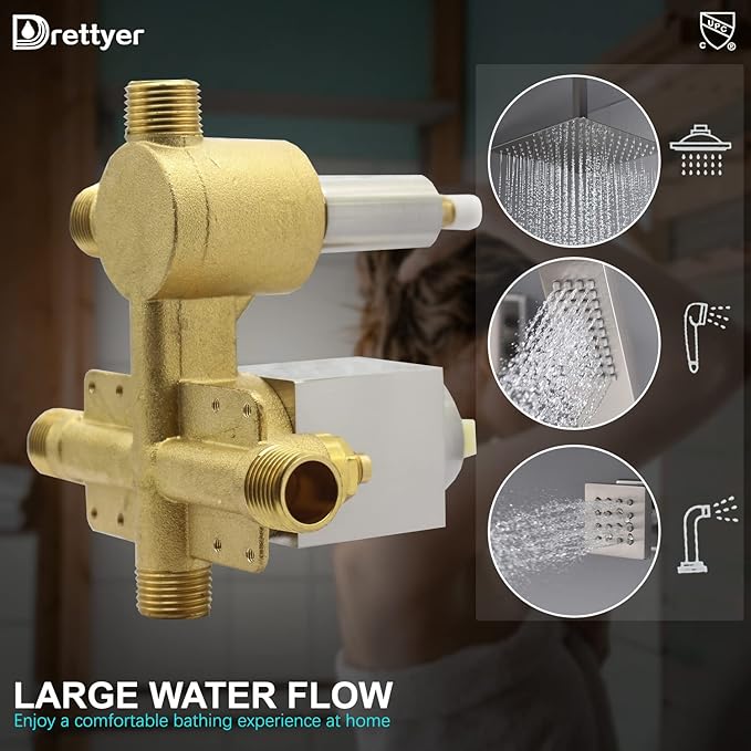 Brushed Nickel 3 Way Outlet Shower Diverter Valve - Flow Control Mixer Mixing Rough-In Shower Valve Modern Concealed