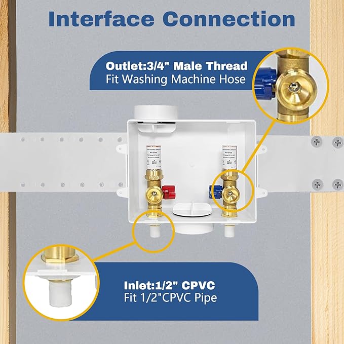 10-PACK GUOFIS Washing Machine Outlet Box with Copper Water Hammer Arrestor, PEX Laundry Washer Box with Central and Side Drain Design(1/2"CPVC Connection Inlet X 3/4"MHT Outlet)(WM014-10Pack)