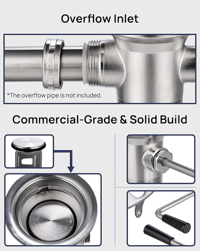 3-1/2" Commercial Sink Drain with Straight Lever Handle, Waste Drain Valve with Overflow Inlet for Restaurant 2/3 Compartment Sink, Easy Controll, Block-Free and Leakproof