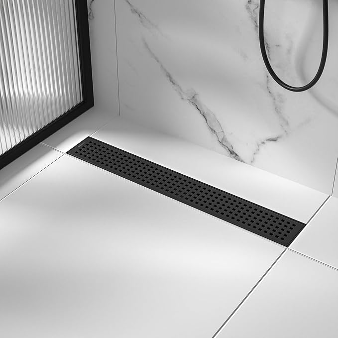 Linear Shower Drain 18", 304 Stainless Steel Floor Drain with Grid Drain Cover & Hair Strainer, Rectangular Shower Drain w/CUPC Certified, Matte Black
