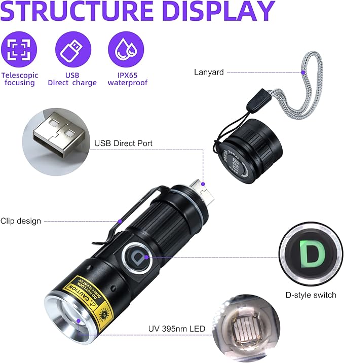 DARKDAWN UV 395nm Light Flashlights USB Rechargeable Ultraviolet LED Blacklight Mini Wood’s Lamp Portable Blacklight for cat Urine Detection Dry Stains, Uranium Glass, Leak Detection, D15 395 nm
