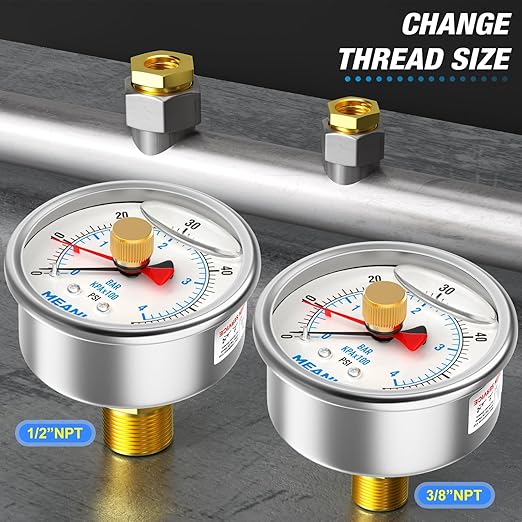 MEANLIN MEASURE 0~60Psi Stainless Steel 1/4" NPT 2.5" FACE DIAL with Reset Pointer Liquid Filled Pressure Gauge WOG Water Oil Air, Back Mount, with Brass Hex Bushing