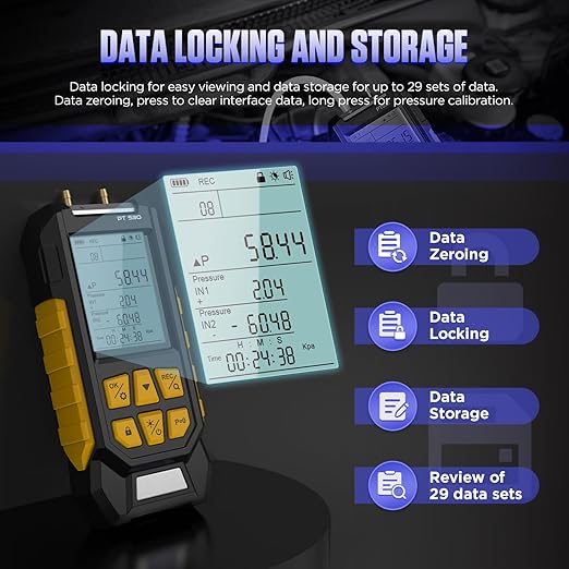 Manometer, Dual-Port HVAC Manometer with 7 Adapters, 10 Units Switch, Data Locking & Storage, Magnetic Back, Gas Pressure Tester, -100~300Kpa, PT530
