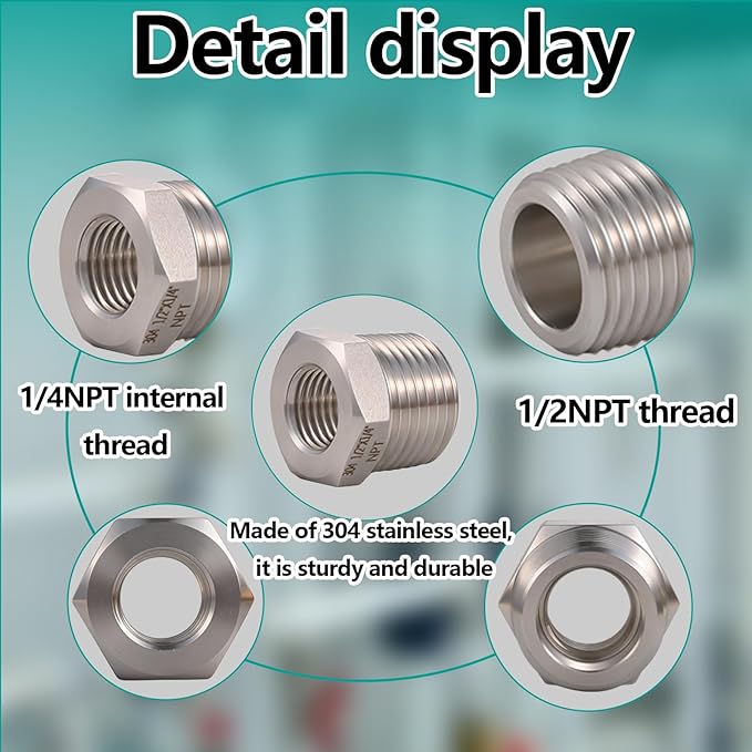 2 Pcs 1/2" Male NPT to 1/4" Female NPT Reducer Hex Bushing，304 Stainless Steel Pipe Fitting Hex Bushing, Heavy Duty Pipe Fitting Reducer Adapter