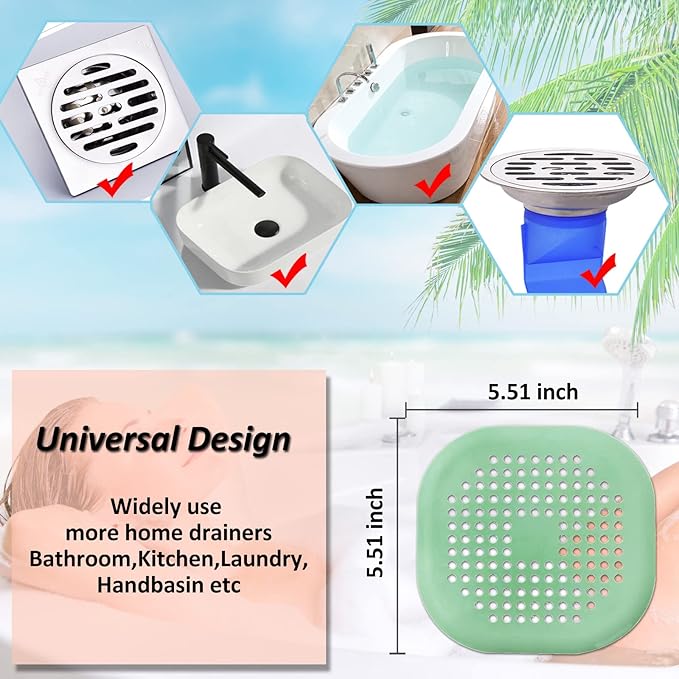 Hair Drain Catcher,Square Drain Cover for Shower Silicone Hair Stopper with Suction Cup,Easy to Install Suit for Bathroom,Bathtub,Kitchen 2 Pack (Green)