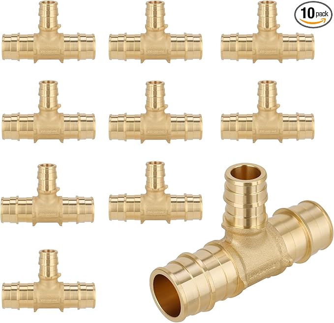 (10-Pack YVSKM) 3/4" x 3/4" x 1/2” PEX-A Reducing Tee Expansion Fitting, Lead-Free Brass Full Flow Connector, ASTM F1960 & cUPC Certified for Residential Hot & Cold Water and Radiant Heating Systems