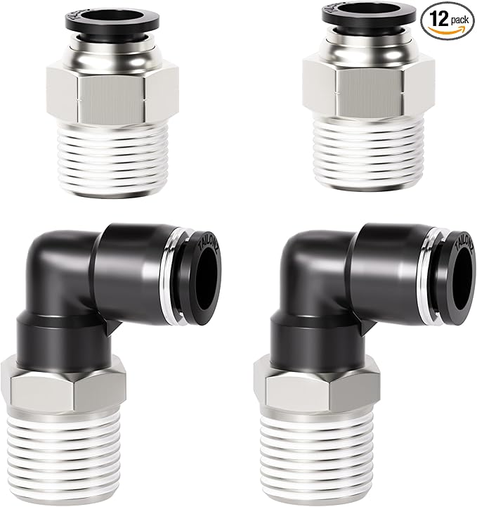 TAILONZ PNEUMATIC Elbow and Straight Combination 3/8 Inch Tube OD x 3/8 Inch NPT Thread Push to Connect Fittings PC-3/8-N3+PL-3/8-N3(Pack of 12)