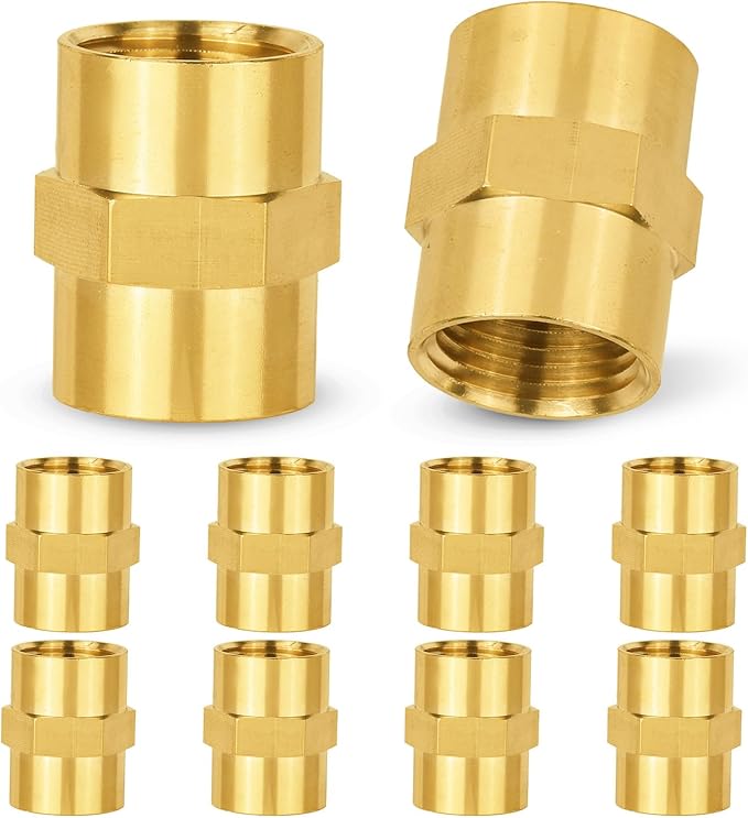 10-PCs HeSun Brass Pipe Fitting, 3/8" NPT Female x 3/8" NPT Female Hex Pipe Adapter