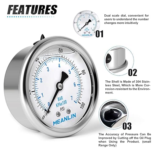 MEANLIN MEASURE 0~100Psi Stainless Steel 1/4" NPT 2.5" FACE DIAL Liquid Filled Pressure Gauge WOG Water Oil Air Back Mount (Pack of 2), with 1/2" NPT and 3/8" NPT Hex Bushing