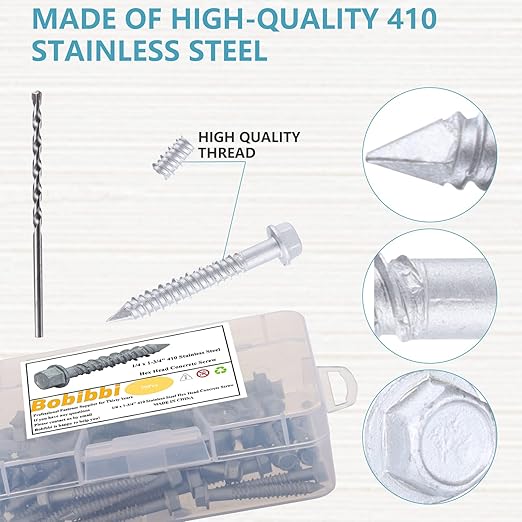 1/4 x 1-3/4" 410 Stainless Steel Hex Head Tapcon Concrete Screw Anchor, for Anchoring to Masonry, Block or Brick (100Pcs/box)
