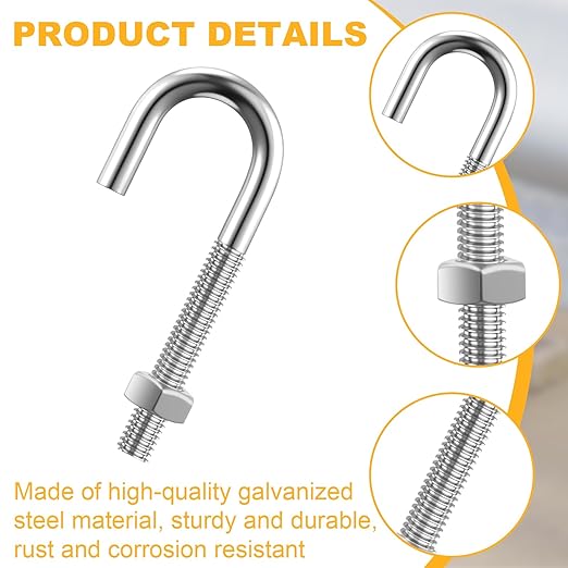20 Pcs 3/8" x 3-3/4" J Bolt with Nut Galvanized Steel Eyebolts with Nuts Anchor Bolts Fastener Hardware for Concrete Pad Pouring Wood Projects Construction Dam Hanging Outdoor Installations