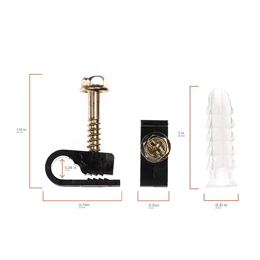 THE CIMPLE CO Ribbed Plastic Conical Anchors and Black Cable Screw Clips - for Concrete, Stucco, Brick, Drywall, and Similar - Kit of 100 Screw Clips, and 100 Anchors
