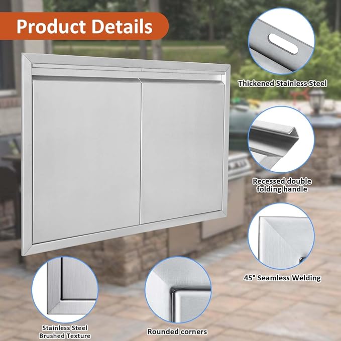JIE JIN BBQ Access Door 35" W X 24" H Outdoor Kitchen Doors Double Doors Thickened 304 Stainless Steel Outdoor Kitchen Accessories Door for Indoor/Outdoor Kitchen Outdoor Cabinet BBQ Island