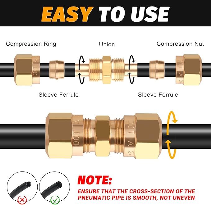 D.O.T Brass Compression Straight Union Fittings, 3/8" Air Compression Union for Nylon Tubings (Pack 4)