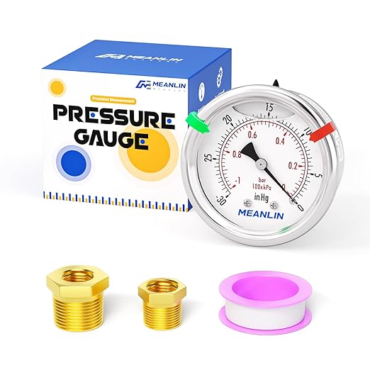 MEANLIN MEASURE -30inHG~0Psi Vacuum Gauge Stainless Steel Liquid Filled 1/4" NPT 2" FACE DIAL for Air Compressor HVAC Negative Pressure Hand Pump Pool Center Back Mount with Hex Bushing and 2PCS Snaps