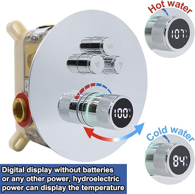 Round Digital Display Shower Valve 3 Way Shower Mixing Valve Concealed Installation Can Use All the Time Polished Chrome