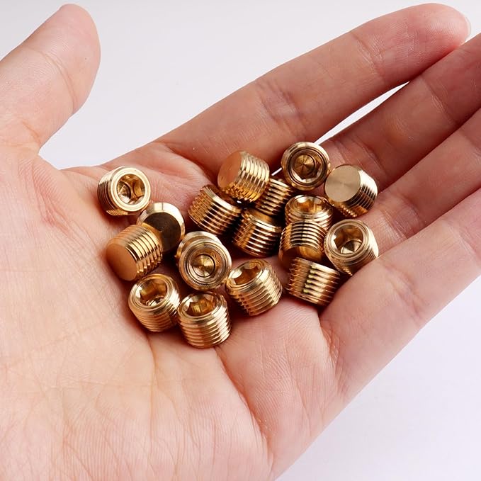 18PCS Brass Pipe Plug Fitting 1/8" NPT Male Plug Hex Counter Sunk Plugs,Internal Hex Thread Socket Pipe Plugs Kit