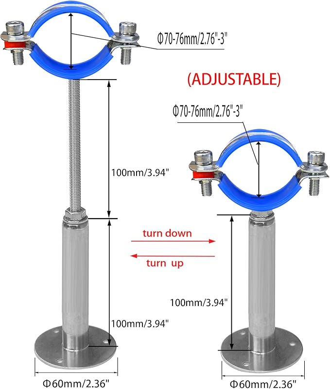 Wall Mount Ceiling Mount Pipe Supports,Adjustable Pipe Clamps、Hangers 、Stainless Steel 304,2PCS Suitable for Pipe OD 70-76mm Adjustable Height 100-200mm