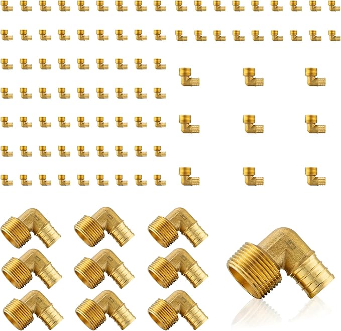 (100-Pack) PEX Fittings, Pex 3/4" x 1/2" Male Threaded NPT Elbow Adapter, Brass Crimp Fittings, for PEX Tubing Pipe Plumbing, ASTM F1807(PEX1807101-100Pack)