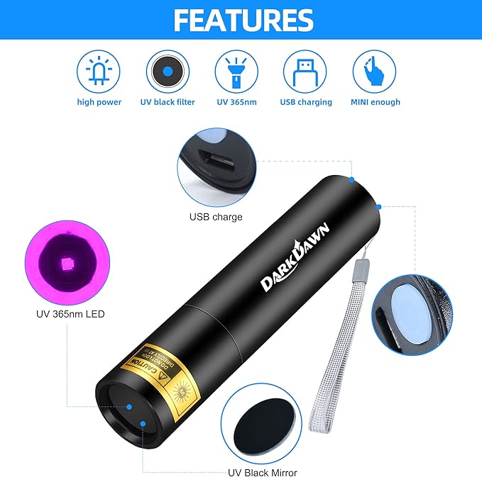 DARKDAWN UV 365nm Black Lights Mini Flashlight USB Rechargeable, Woods Lamp Portable LED Ultraviolet Pocket 370nm - Blacklight for Cat Urine Detection, Stains, Uranium Glass, Leak Detection, V4 365 nm