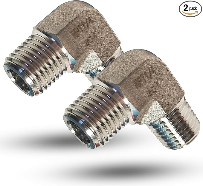 2pcs 90 Degree Street Elbow, 304 Stainless Steel Forged Barstock Street Elbow Adapter, Heavy Duty 1/4" NPT Male x 1/4" NPT Male Pipe Fitting Connector, 5800PSI (1/4" MNPT x 1/4" MNPT)