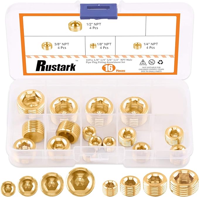 Rustak 16 Pcs Brass Pipe Plugs Assortment Set 1/8" 1/4" 3/8" 1/2" NPT Brass Pipe Fitting, Internal Hex Thread Socket Plug Kit for Water Pump Ports, Oil Sender Holes, Engine Block
