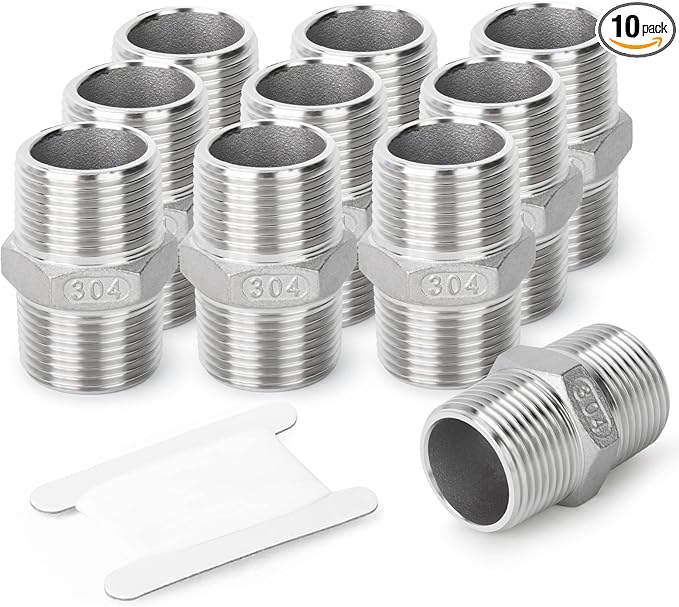 TAISHER 10PCS Cast 304 Stainless Steel Hex Nipple, Pipe Fitting 3/8-Inch Male Pipe x 3/8-Inch Male Pipe