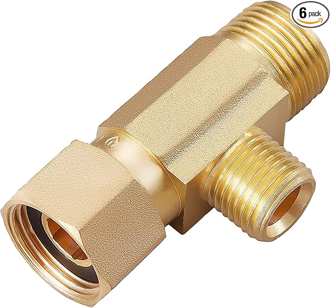Lead-Free 6 PCS Brass Angle Stop Add-A-Tee Valve 3/8" Female by 3/8 Inch by 1/4-Inch Male T Extender Water Compression Easy Connect Tee (Pack of 6)