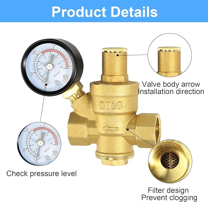 Water Pressure Regulator 3/4 inch with Gauge, Made of 100% High Hardness Brass, Adjustable Water Pressure Reducing Valve Water for Home DN20