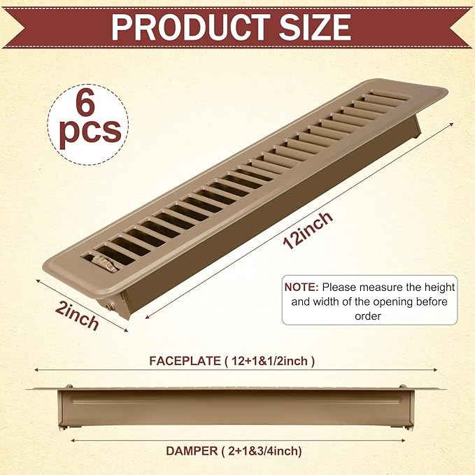 Tandefio 6 Pcs 2" x 12" Floor Register Vent Covers Metal Heavy Duty Walkable Floor Air Vent Covers with Rust Proof Finish Grille Easy Adjust Air Supply Lever for Home Wall Ceiling (Brown)