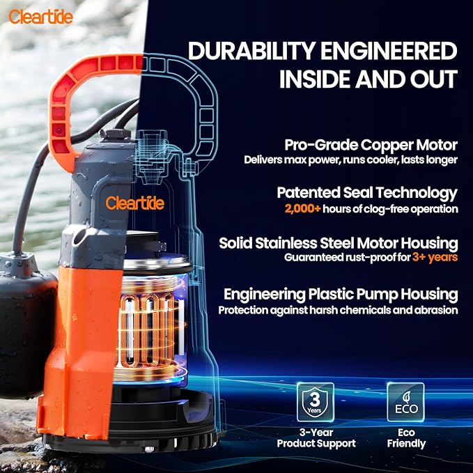 Cleartide Submersible Sump Pump with Tethered Float Switch, 1/4 HP Utility Water Pump,100% Copper Motor, Electric Drain Pump Handles 1/8" Solids, 10 FT Cord