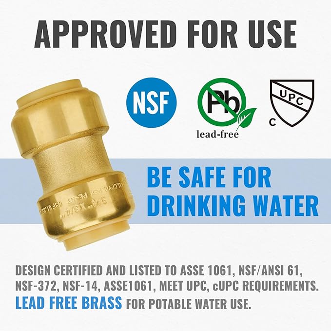 SUNGATOR 6-Pack Straight Coupling, 3/4 Inch Push PEX Fittings, Push-to-Connect Pex Pipe, Copper, CPVC, No Lead Brass Plumbing Fittings with Disconnect Clip