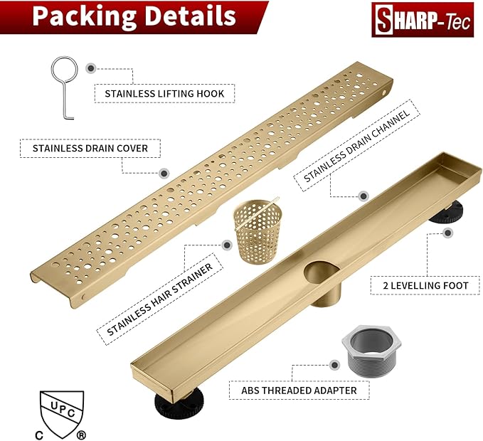 Sharp-tec 48 inch Linear Shower Drain, Golden Linear Drain with cUPC Certification, 304 Stainless Steel Shower Drain Easy to Install and Clean for Bathroom Shower Room, ST-099-48G