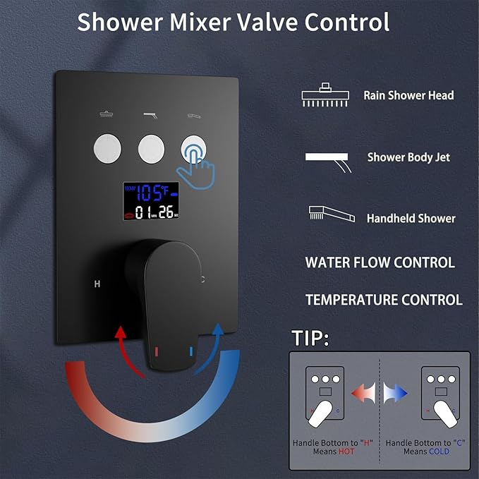 Temperature Display Full Body Shower Faucet Set with 6 pcs Body Jets 12 inch Square Rainfall Shower Head with Handheld Spray Wall Mounted Rough-in Valve and Trim Included,Matte Black