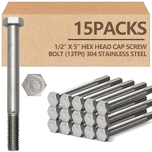 15 Pack 1/2-13 x 5'' Hex Head Cap Screw Bolt 304 Stainless Steel Half Thread External Hex Drive Screw Bolt Fastener for Wet Outdoor Metal Framing Concrete Reinforcement Railing Trellises