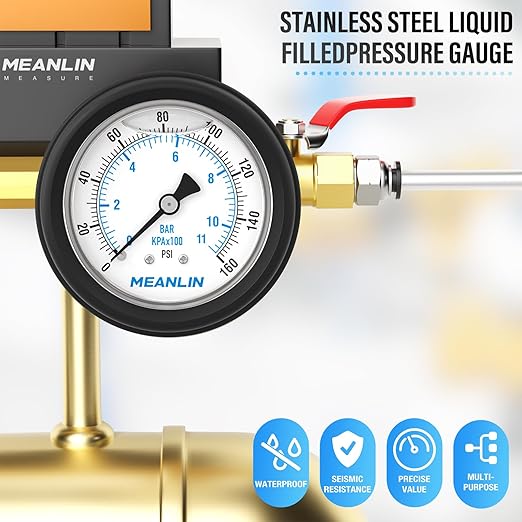 MEANLIN MEASURE 0~160Psi Stainless Steel 1/4" NPT 2.5" FACE DIAL Liquid Filled Pressure Gauge, Center Back Mount (with Rubber Protective Sleeve), with 1/2" NPT and 3/8" NPT Hex Bushing