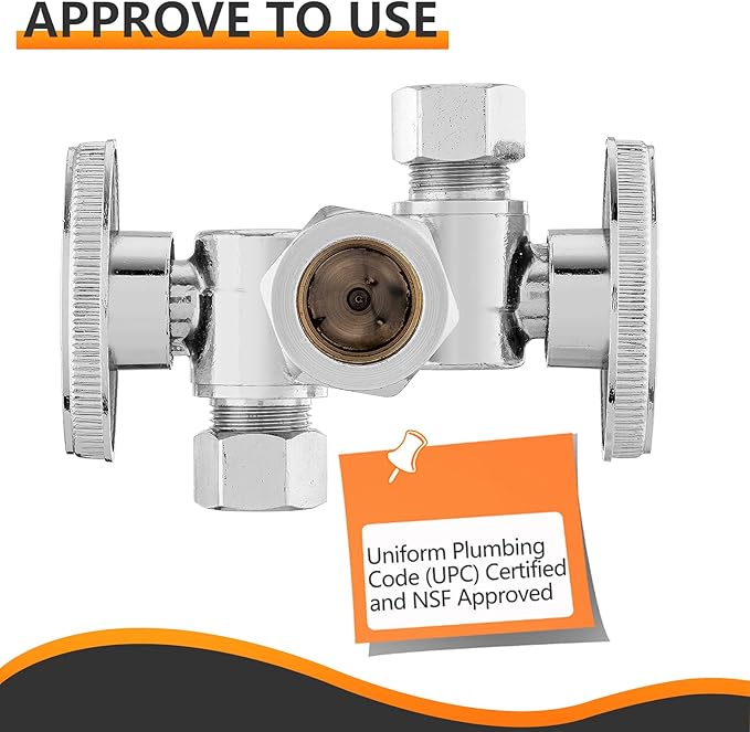 1-PC HeSun Dual Shut Off Angle Valve, 1/2" Nominal (5/8"OD) x 3/8" OD x 3/8" OD Compression, 1/4-Turn Stop Valve with 2 Shut Offs, PEX Chrome Plated Brass(VALVE134)