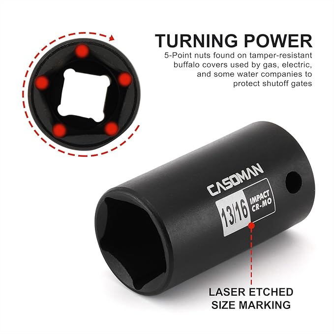 CASOMAN 2PCS 3/8" Drive 13/16" 5-Point Impact Grade Utility Socket, CR-MO, Removes and Installs Penta Nuts and Bolts